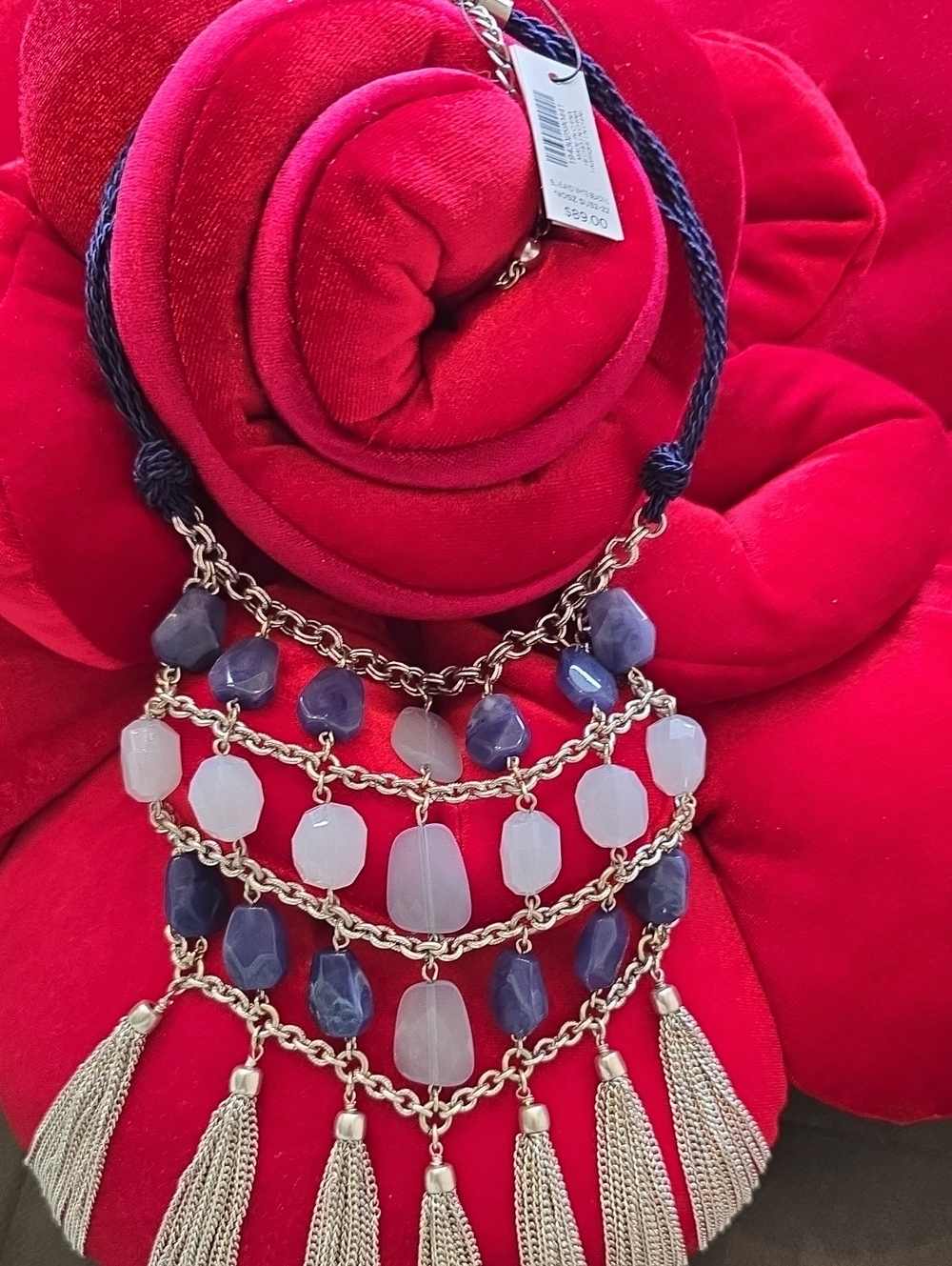 Chico's Vintage Multi-Strand Tassel Necklace w/Dark Blue and Light Blue Beads